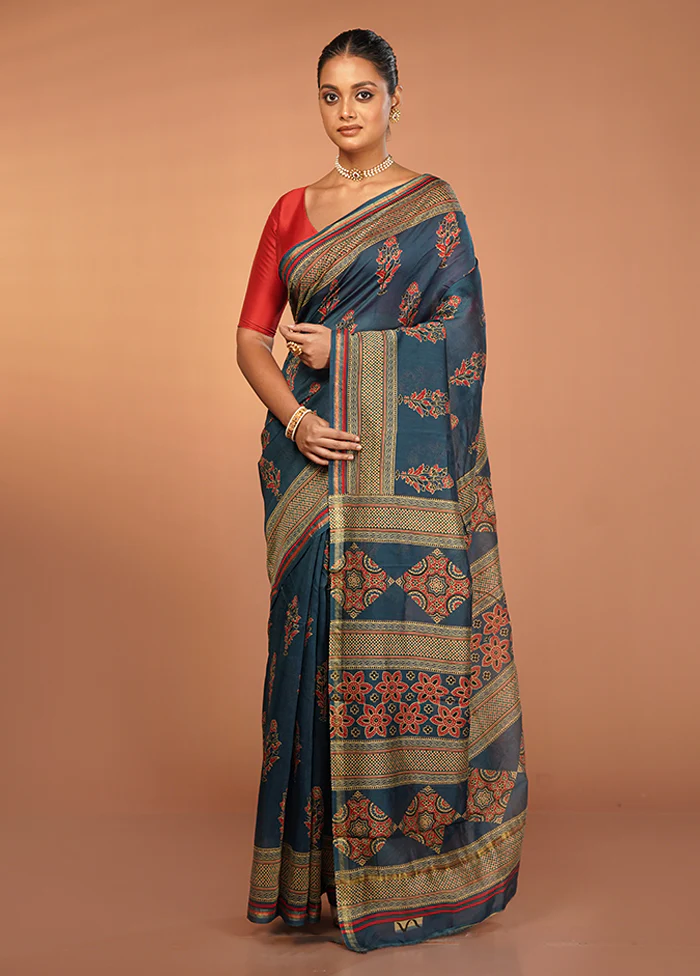 Blue Chanderi Silk Saree With Blouse Piece - Image 2