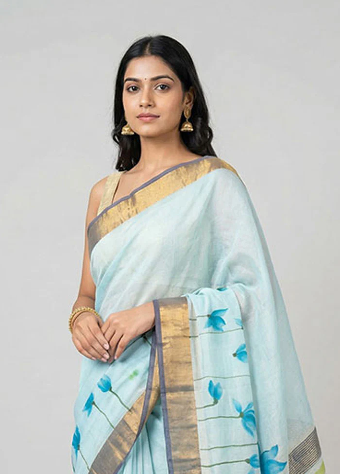 Blue Chanderi Silk Saree With Blouse Piece - Image 2