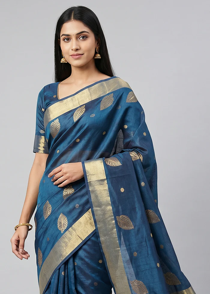 Blue Chanderi Silk Saree With Blouse Piece - Image 2