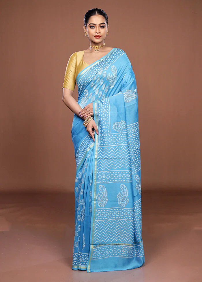 Blue Chanderi Silk Saree With Blouse Piece - Image 2