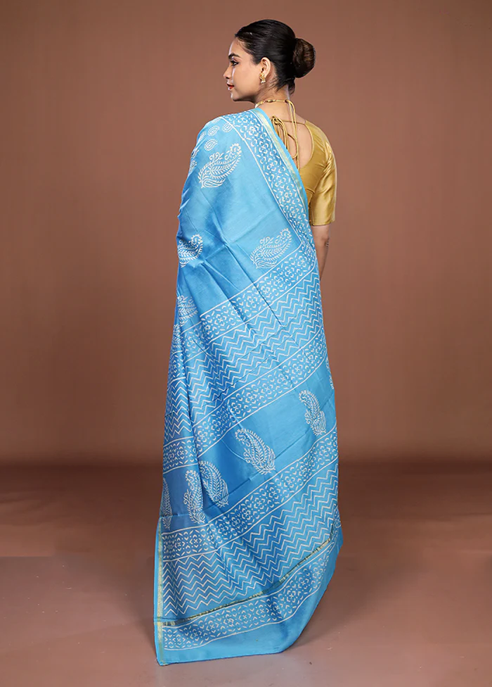 Blue Chanderi Silk Saree With Blouse Piece - Image 3