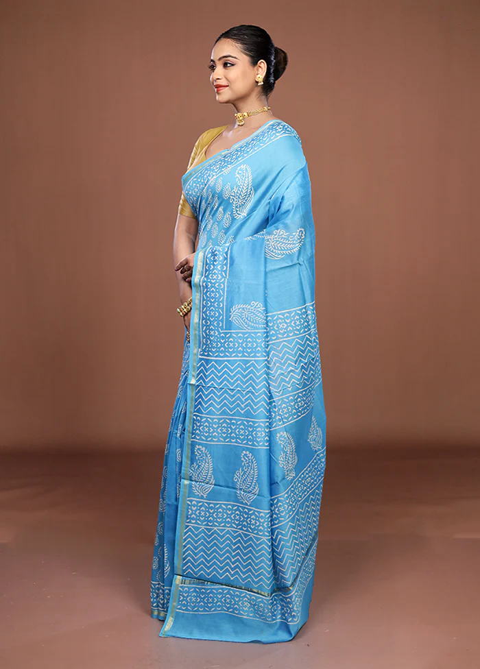 Blue Chanderi Silk Saree With Blouse Piece - Image 4