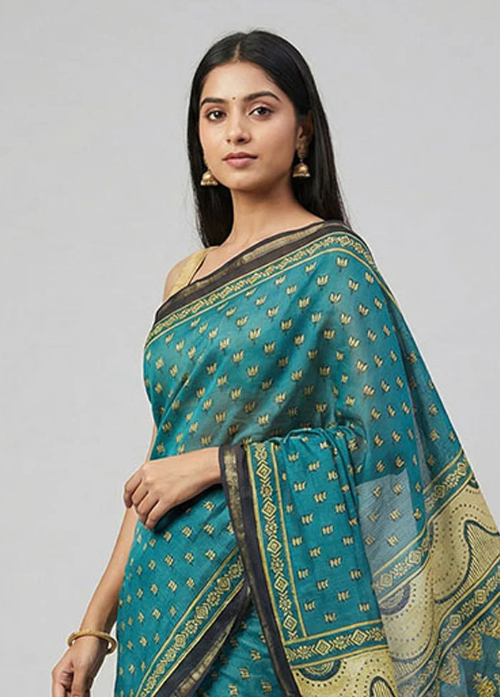 Blue Chanderi Silk Saree With Blouse Piece - Image 2