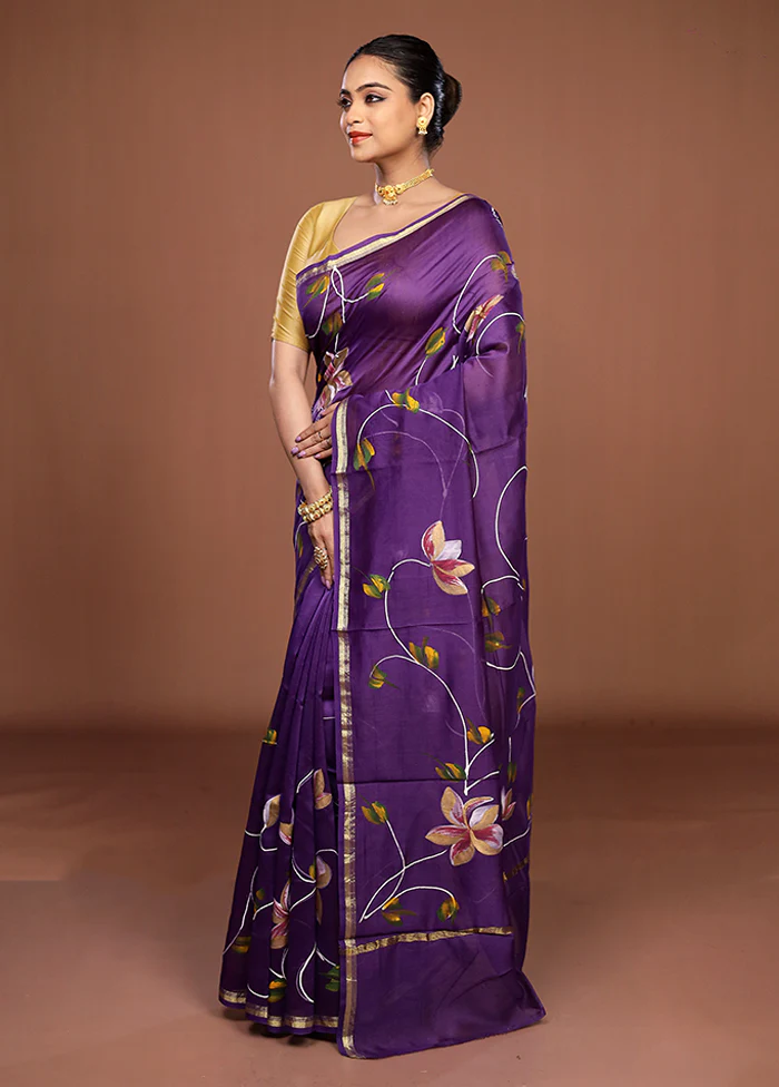 Purple Chanderi Silk Saree With Blouse Piece - Image 4