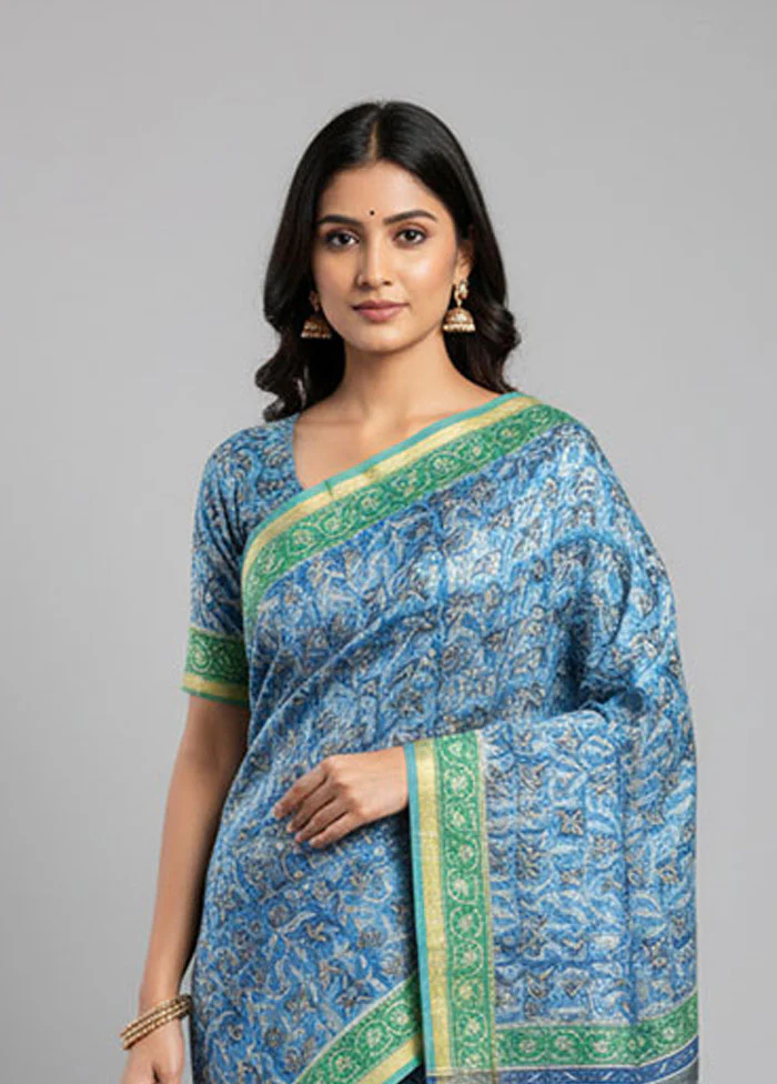 Blue Chanderi Silk Saree With Blouse Piece - Image 2