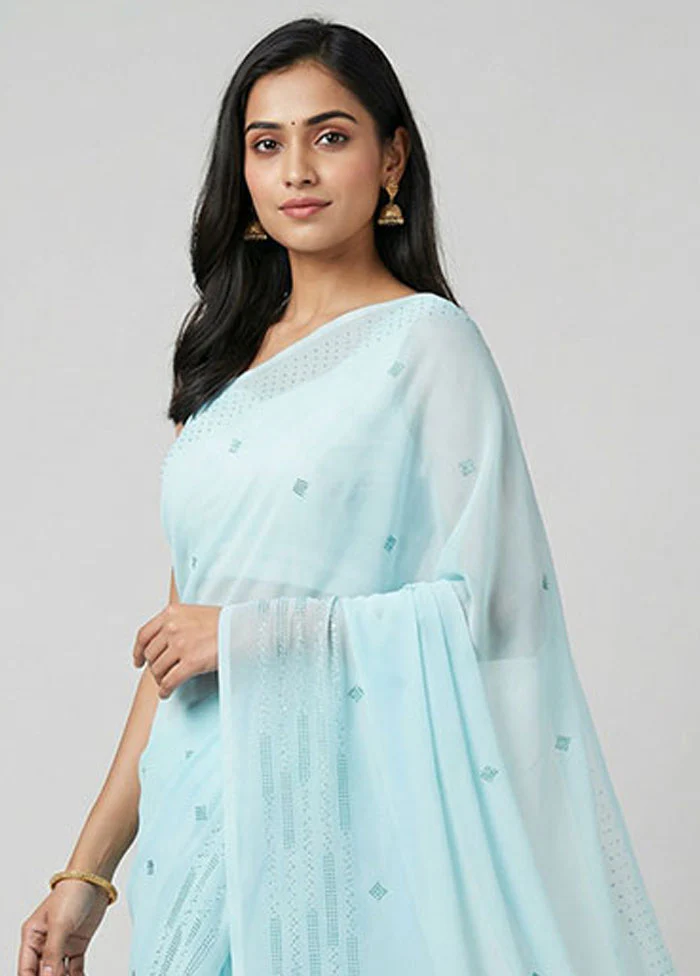 Blue Chiffon Silk Saree With Blouse Piece - Image 2