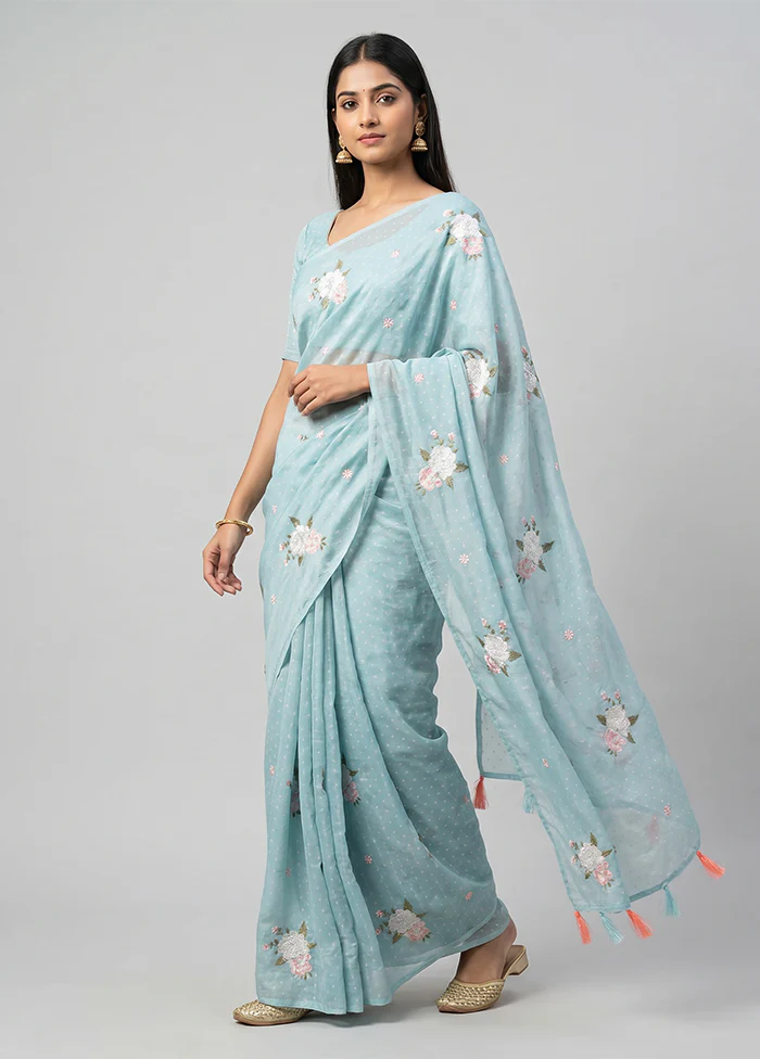 Blue Chiffon Silk Saree With Blouse Piece