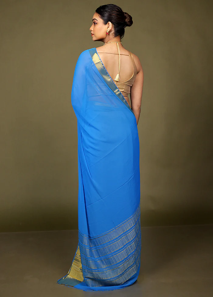 Blue Chiffon Silk Saree With Blouse Piece - Image 3