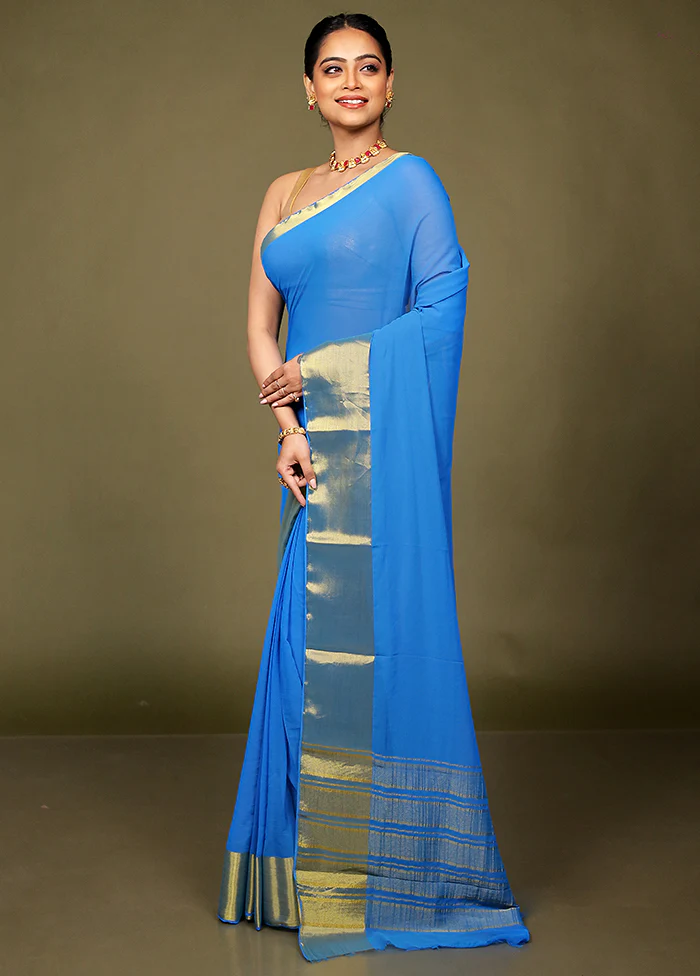 Blue Chiffon Silk Saree With Blouse Piece - Image 4