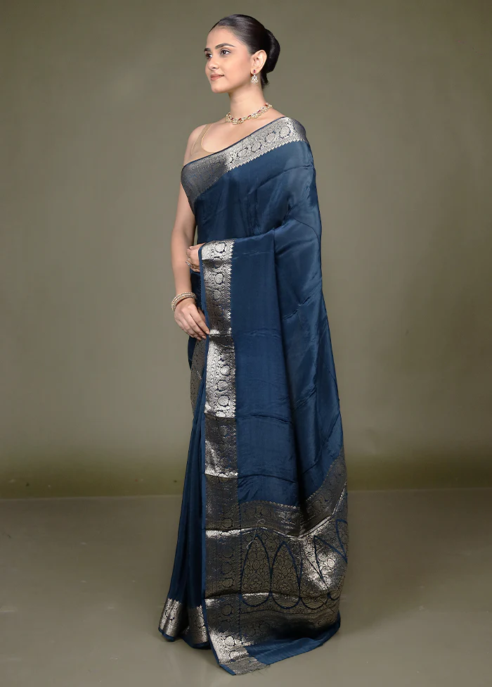 Blue Chiffon Silk Saree With Blouse Piece - Image 4
