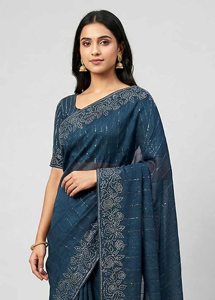 Blue Chiffon Silk Saree With Blouse Piece - Image 2