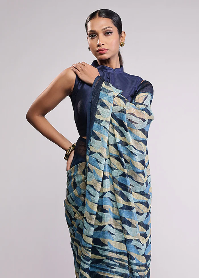 Blue Chiffon Silk Saree With Blouse Piece