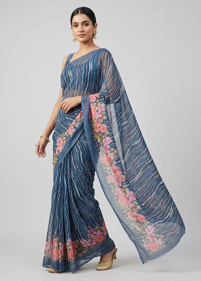 Blue Chiffon Silk Saree With Blouse Piece