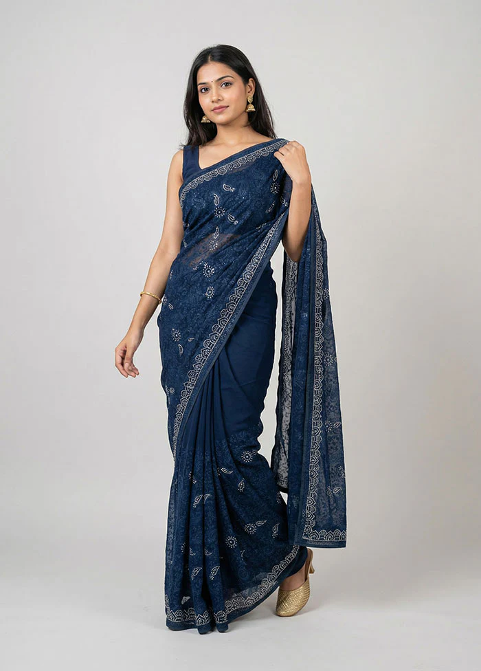 Blue Chiffon Silk Saree With Blouse Piece