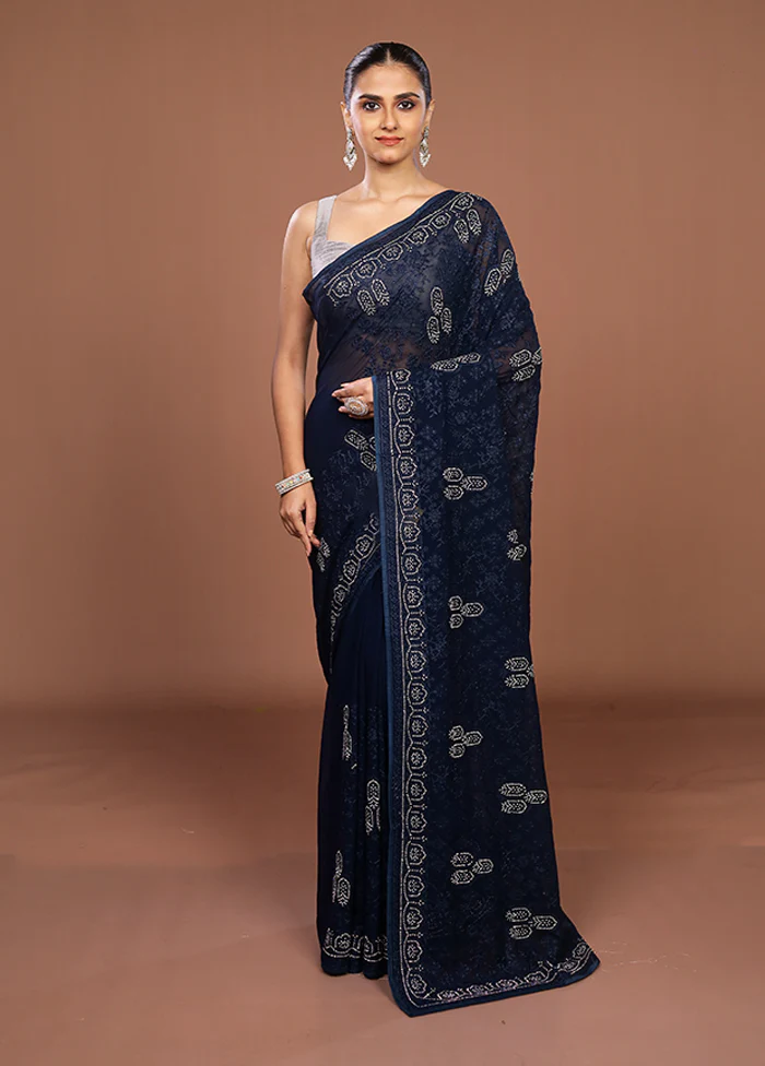 Blue Chiffon Silk Saree With Blouse Piece - Image 2