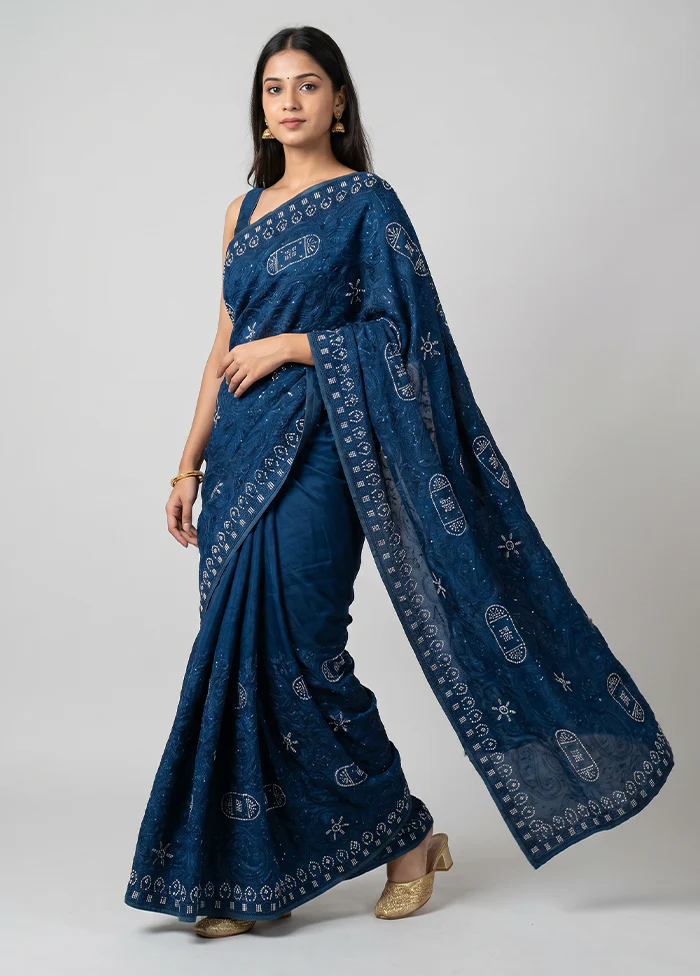 Blue Chiffon Silk Saree With Blouse Piece