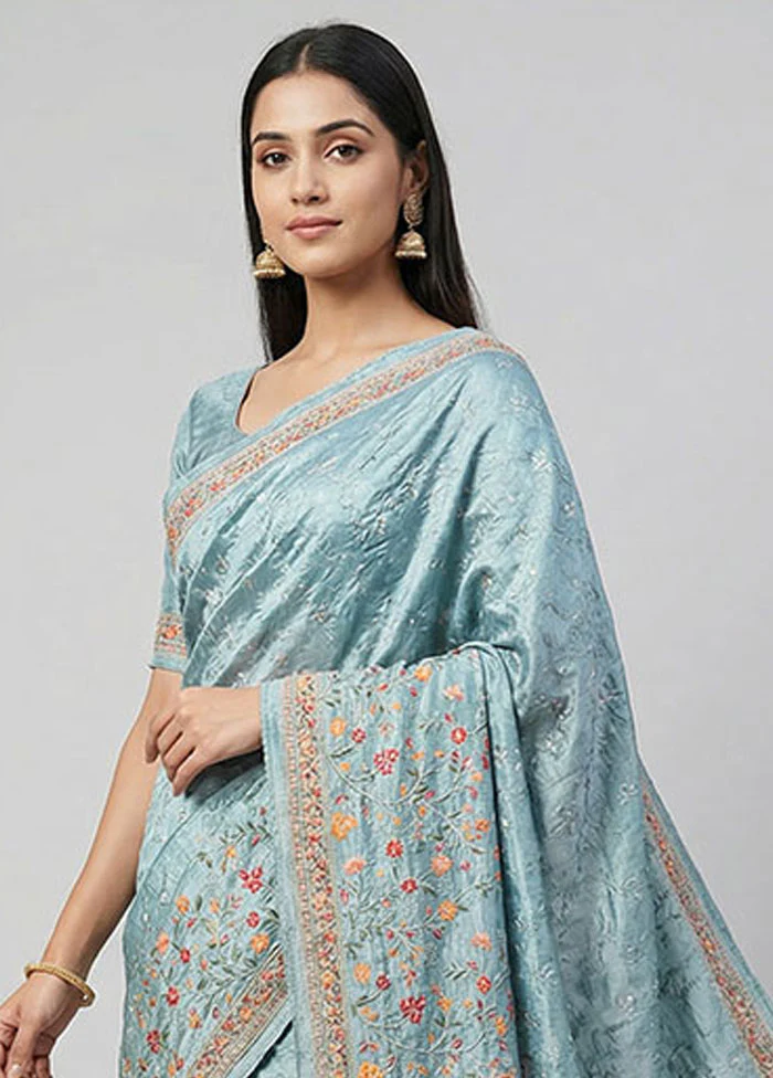 Blue Chiffon Silk Saree With Blouse Piece - Image 2