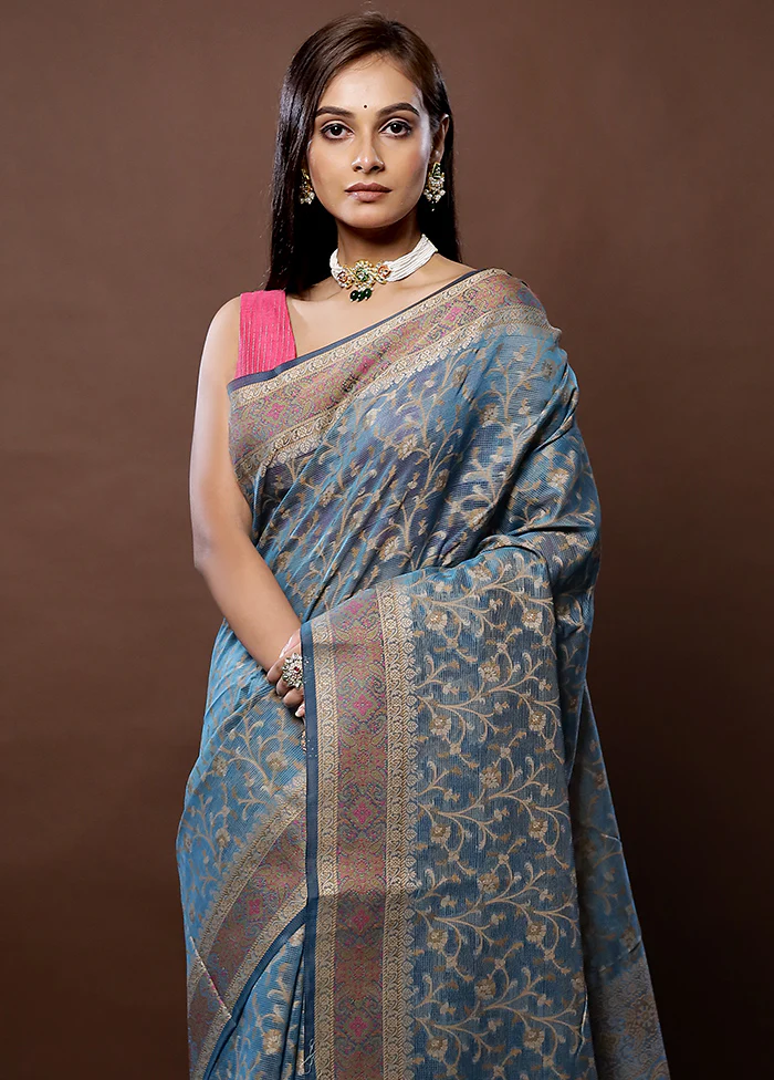 Blue Cotton Saree With Blouse Piece