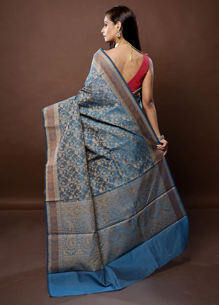 Blue Cotton Saree With Blouse Piece - Image 3
