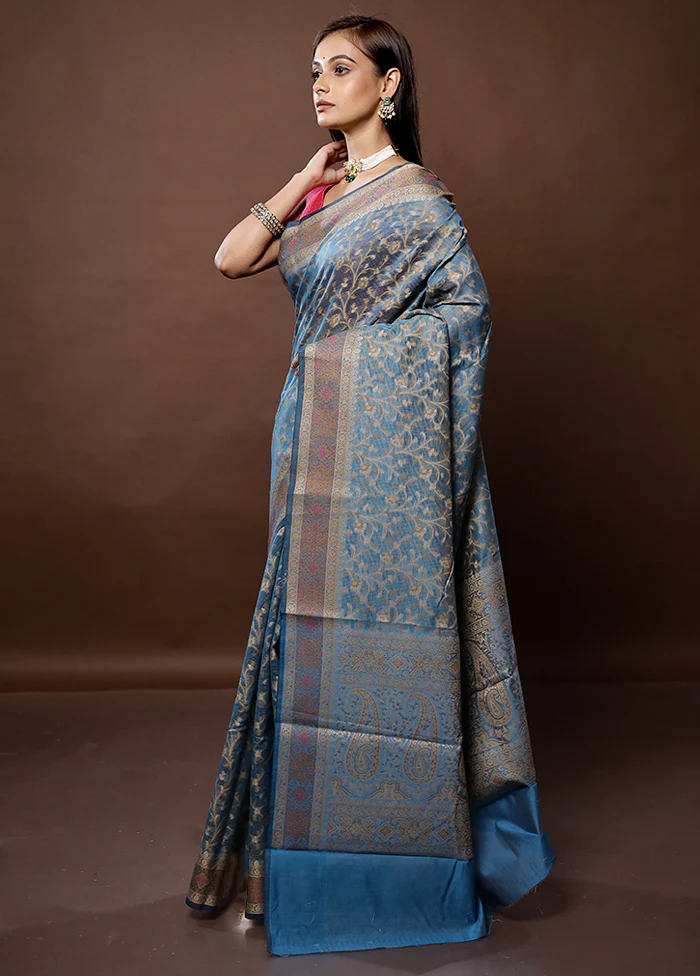 Blue Cotton Saree With Blouse Piece - Image 4