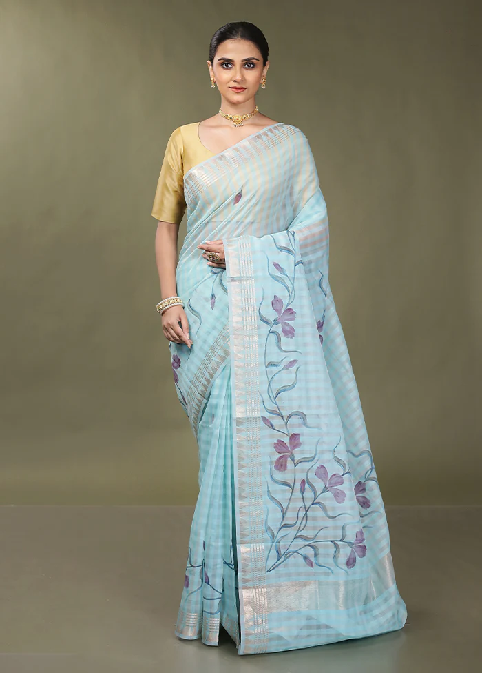 Blue Cotton Saree With Blouse Piece - Image 2