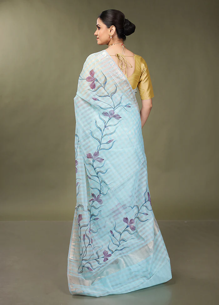 Blue Cotton Saree With Blouse Piece - Image 3