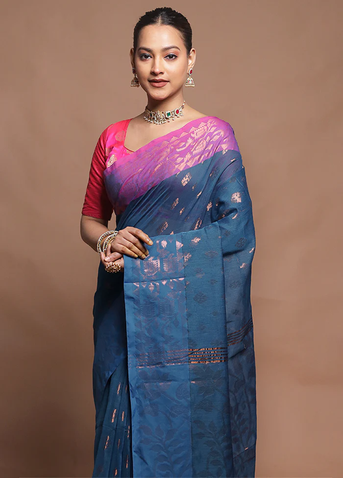 Blue Cotton Saree With Blouse Piece - Image 2