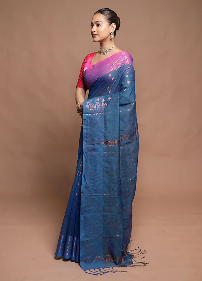 Blue Cotton Saree With Blouse Piece - Image 4