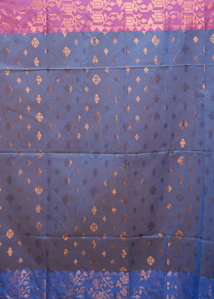 Blue Cotton Saree With Blouse Piece - Image 5
