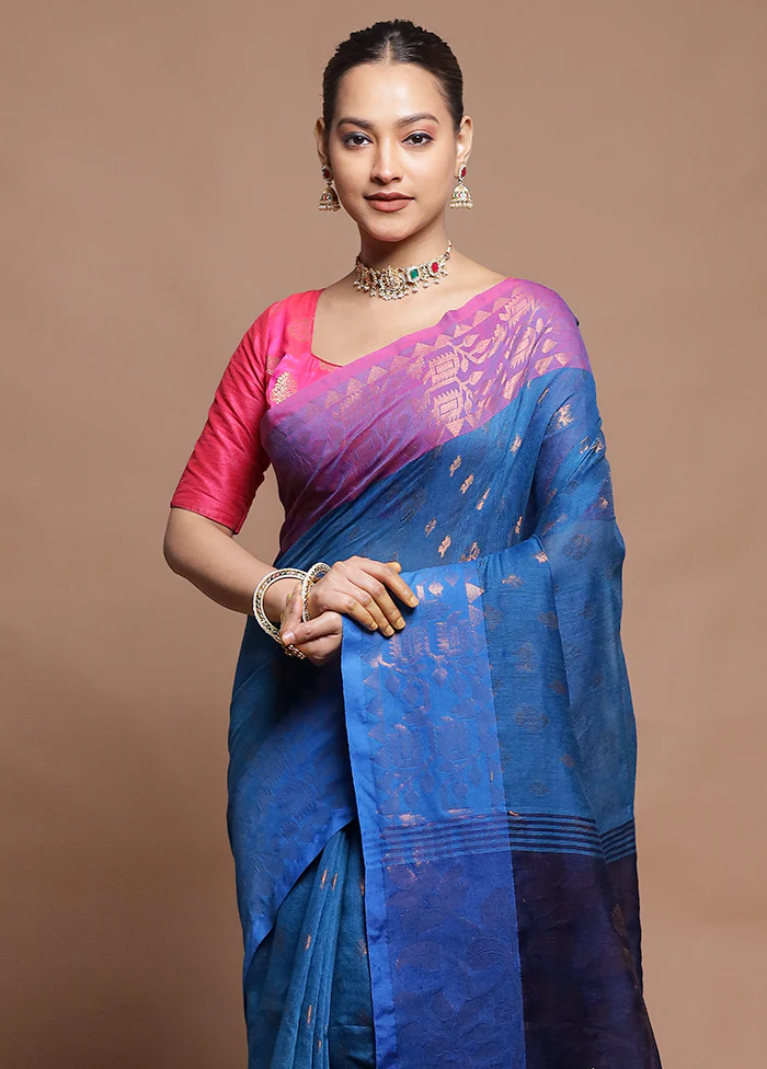 Blue Cotton Saree With Blouse Piece - Image 2