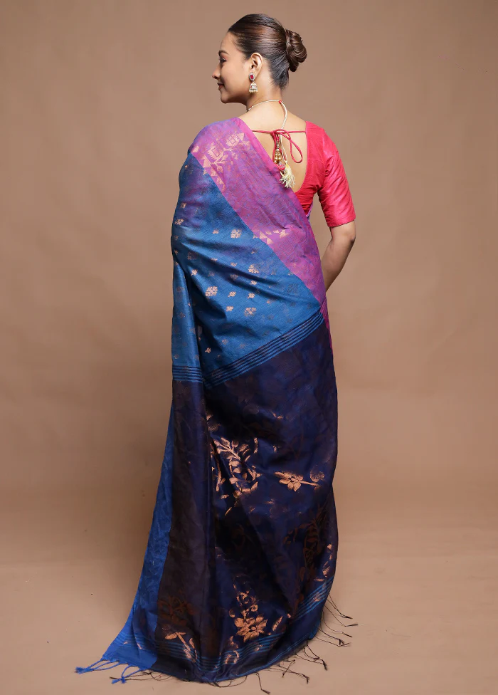 Blue Cotton Saree With Blouse Piece - Image 3