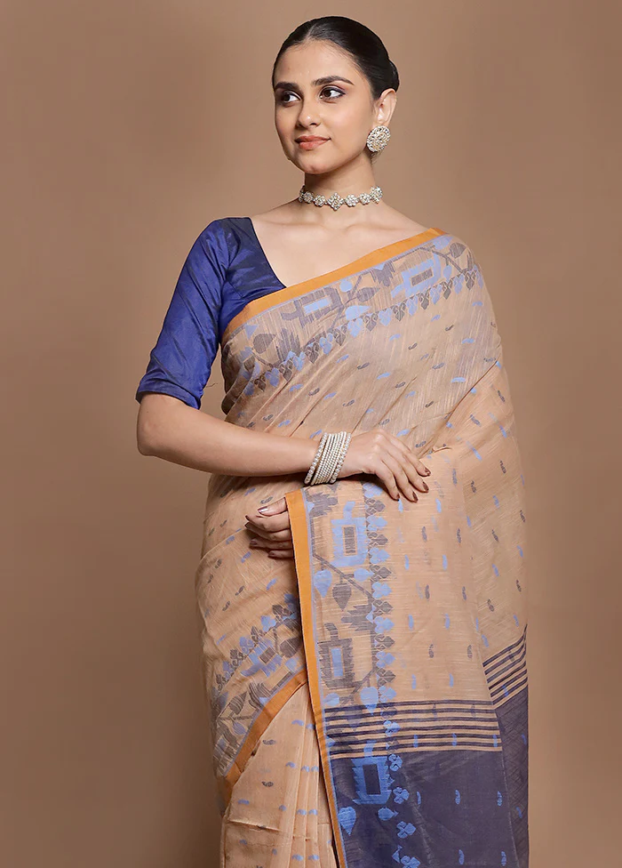 Blue Cotton Saree With Blouse Piece - Image 2