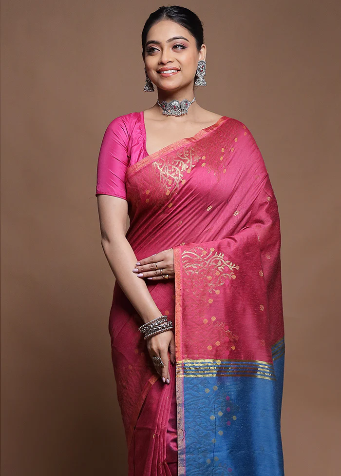 Pink Cotton Saree With Blouse Piece - Image 2