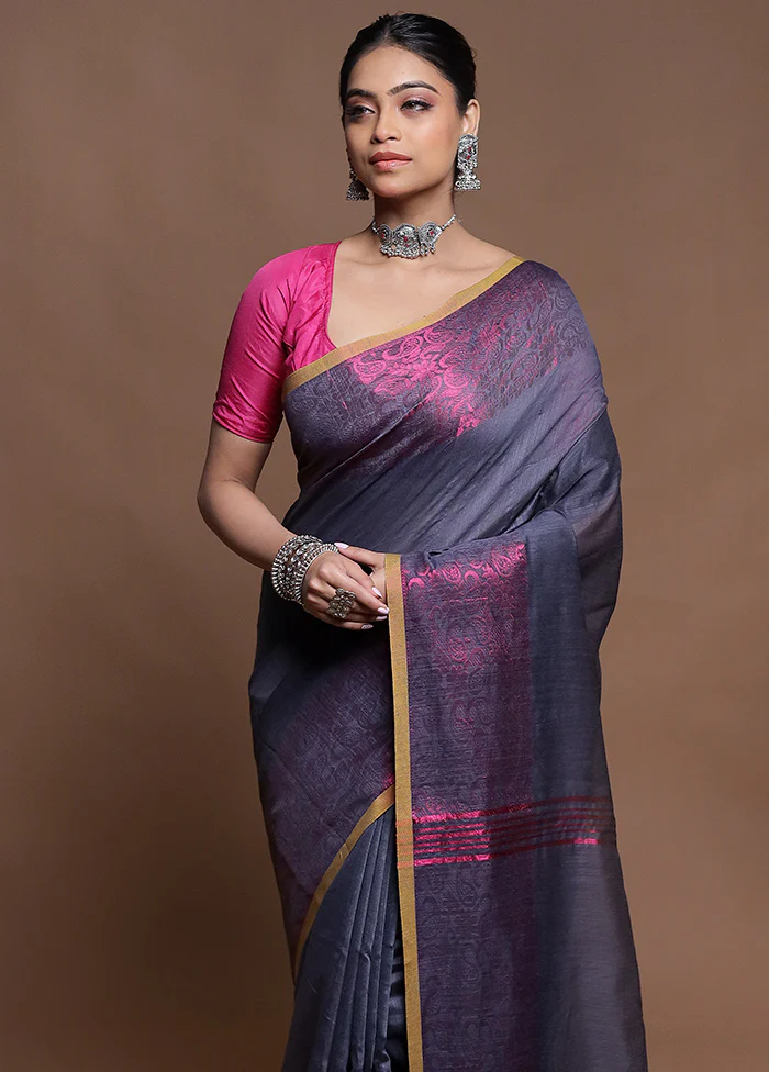 Blue Cotton Saree With Blouse Piece - Image 2