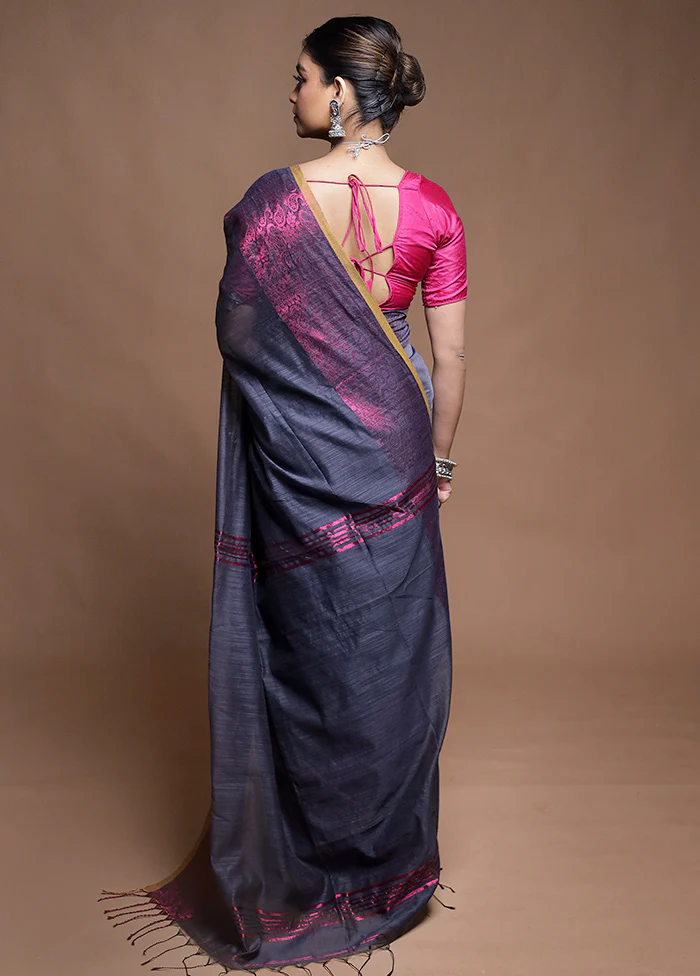 Blue Cotton Saree With Blouse Piece - Image 3