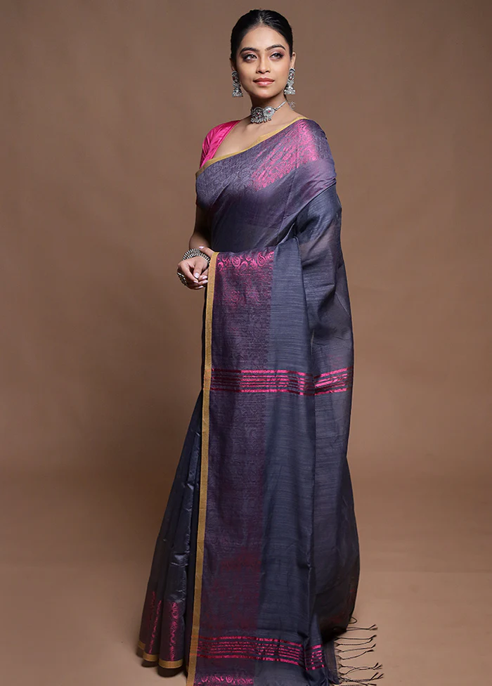 Blue Cotton Saree With Blouse Piece - Image 4