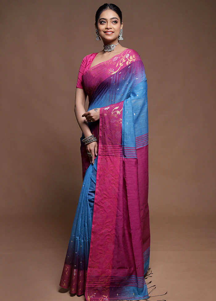 Blue Cotton Saree With Blouse Piece - Image 4