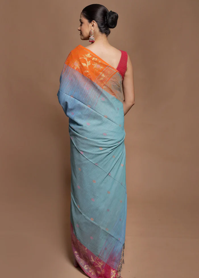 Blue Cotton Saree With Blouse Piece - Image 3