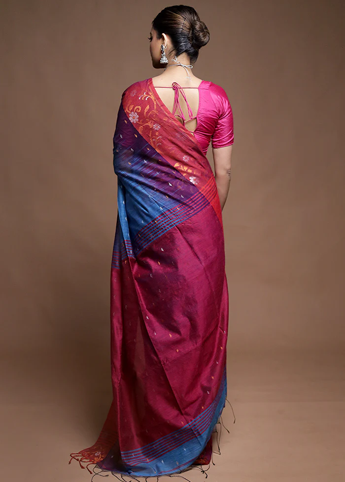 Blue Cotton Saree With Blouse Piece - Image 3