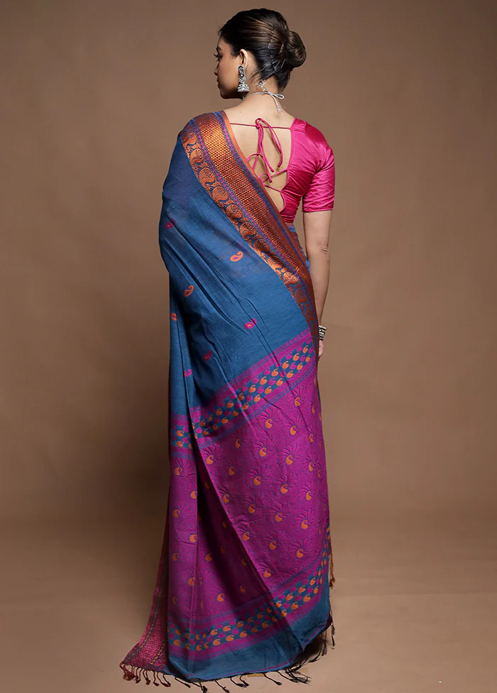 Blue Cotton Saree With Blouse Piece - Image 3