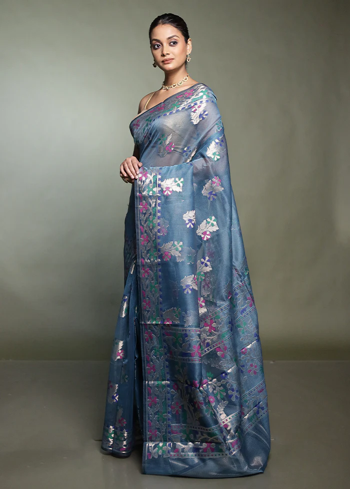 Blue Kota Cotton Saree With Blouse Piece - Image 4