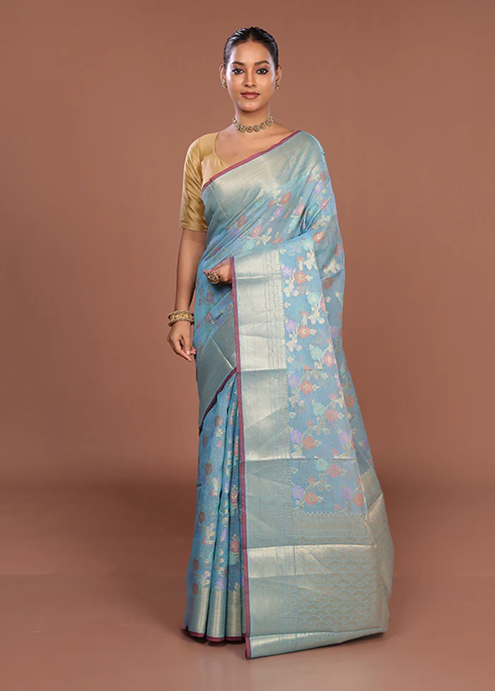Blue Cotton Saree With Blouse Piece - Image 2