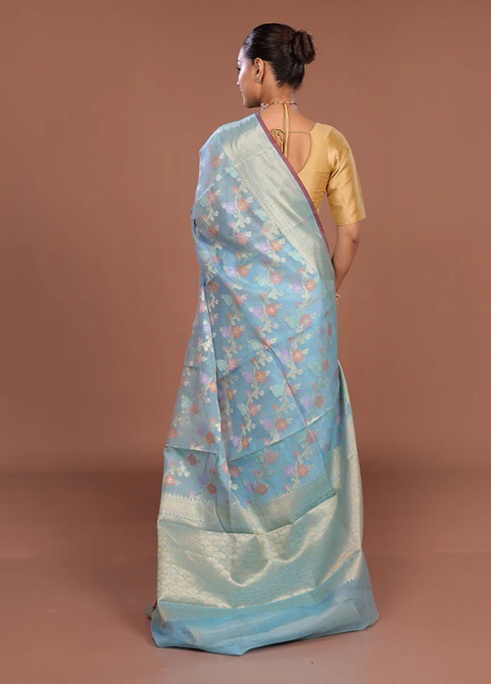 Blue Cotton Saree With Blouse Piece - Image 3