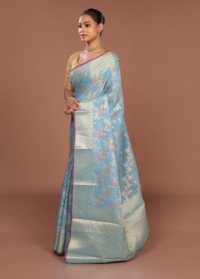 Blue Cotton Saree With Blouse Piece - Image 4