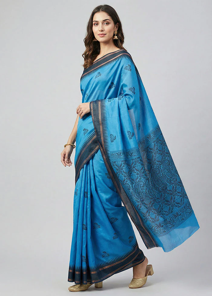 Blue Cotton Saree With Blouse Piece