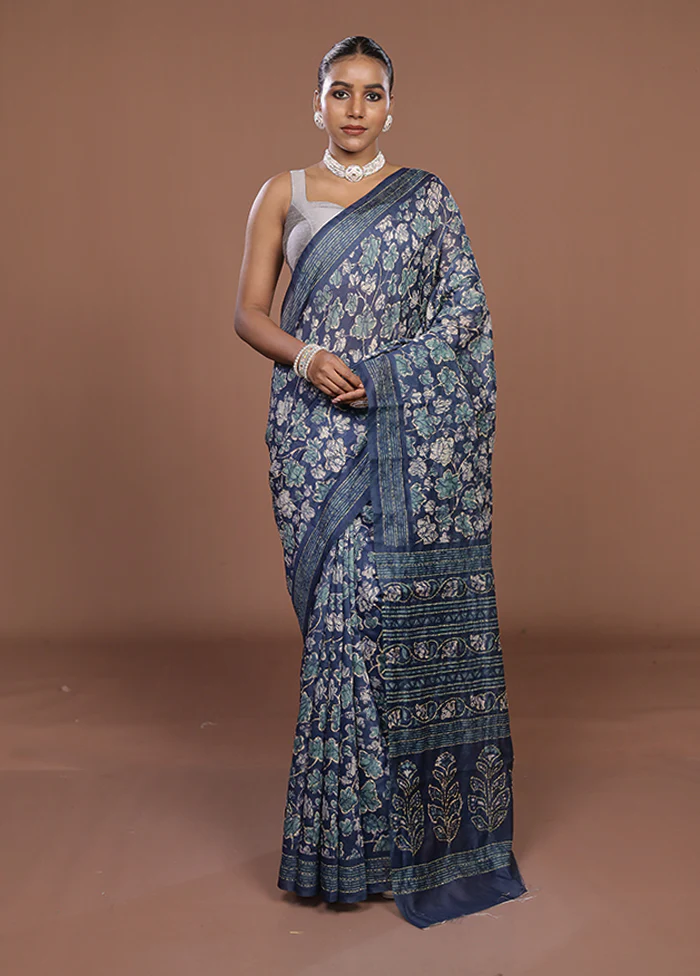 Blue Cotton Saree With Blouse Piece - Image 2