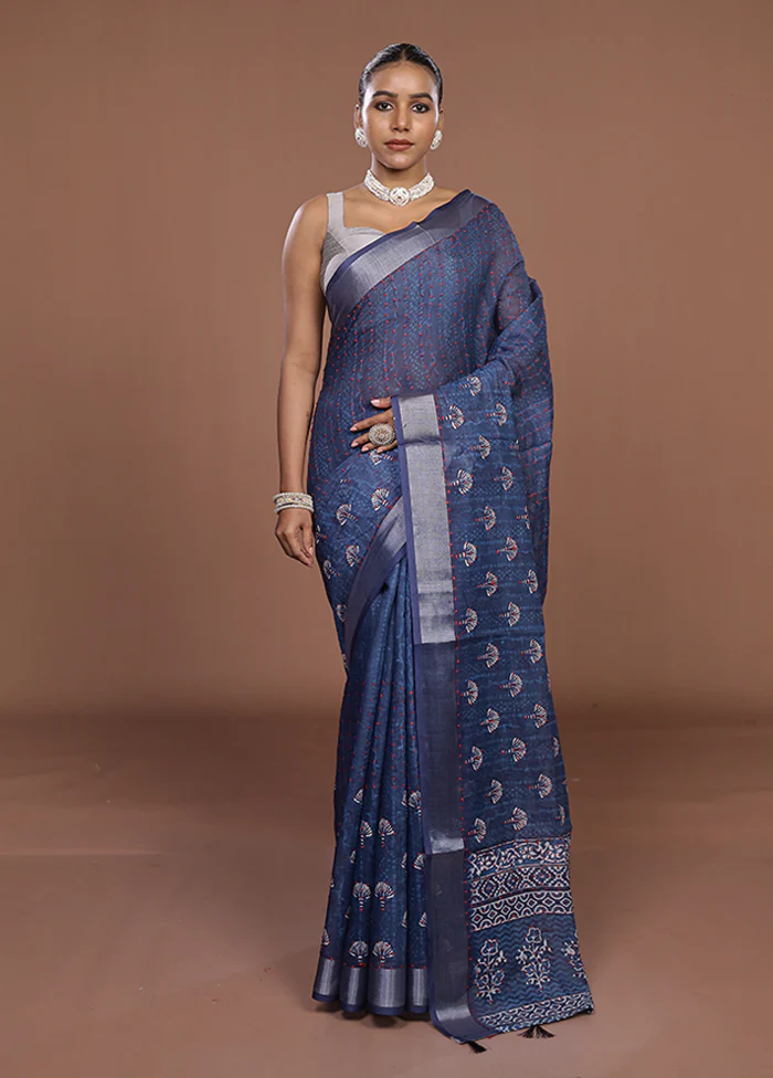 Blue Cotton Saree With Blouse Piece - Image 2