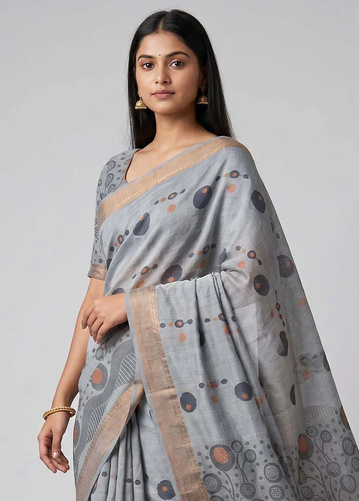 Blue Cotton Saree With Blouse Piece - Image 2