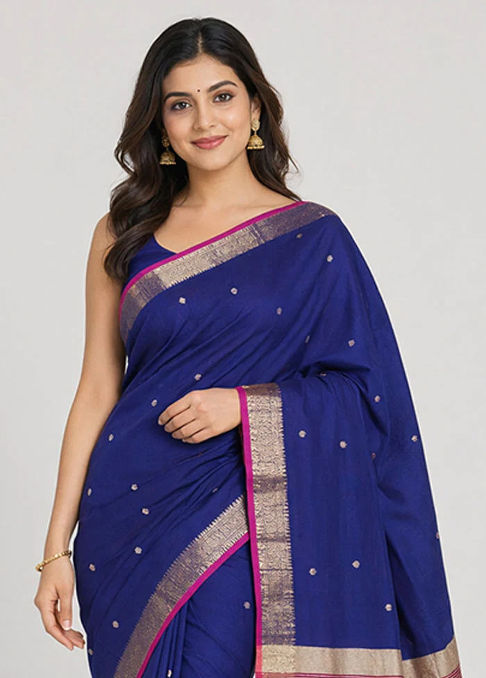 Blue Cotton Saree With Blouse Piece - Image 2