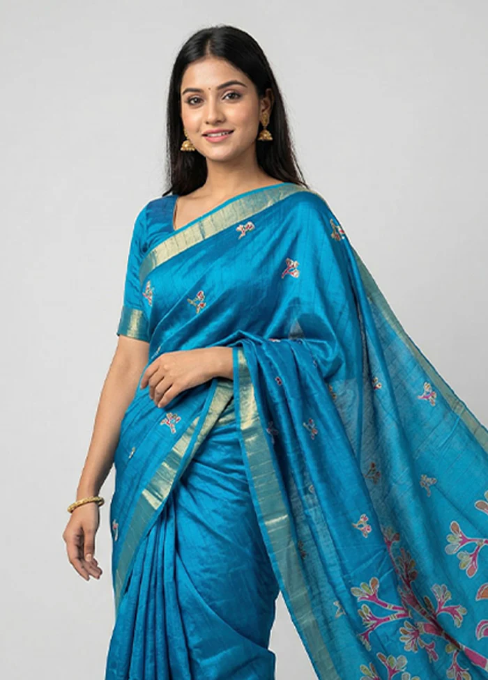 Blue Cotton Saree With Blouse Piece - Image 2
